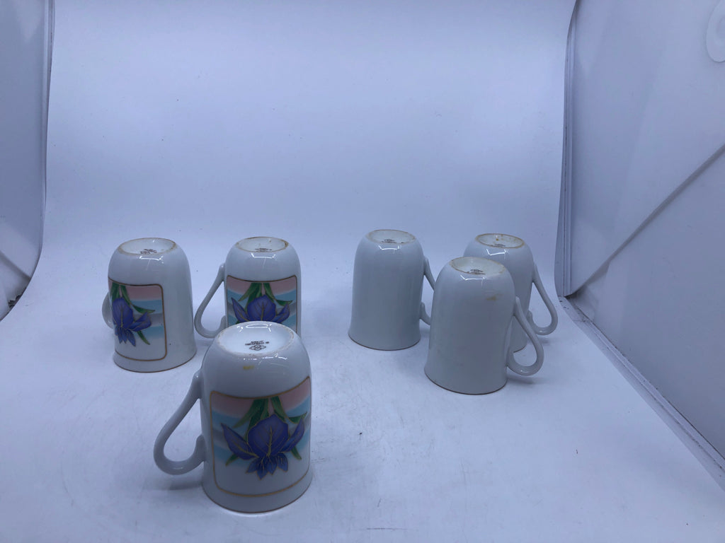 6 VTG PURPLE IRIS FLORAL MUGS.