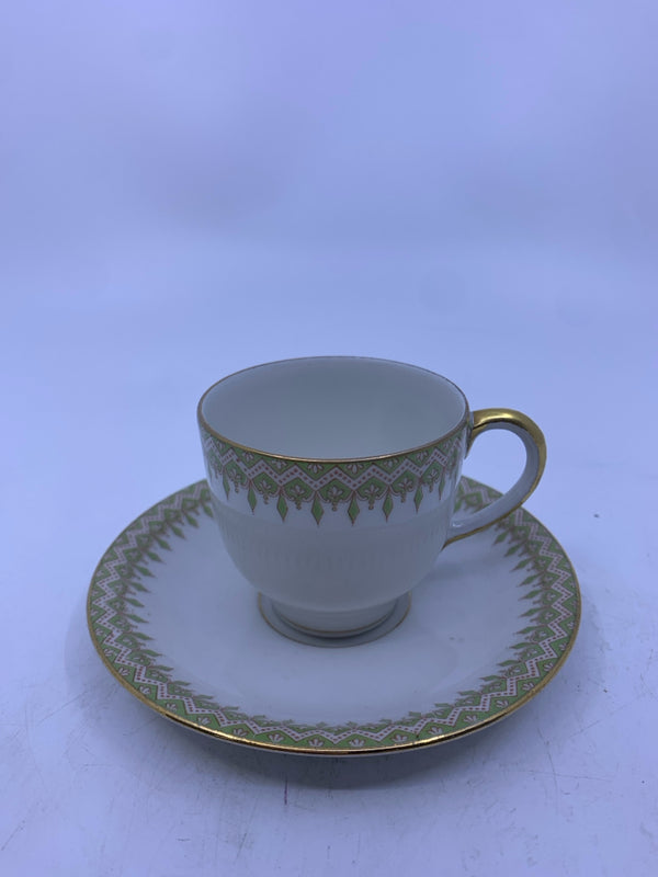 VTG GREEN AND GOLD TEA CUP AND SAUCER.