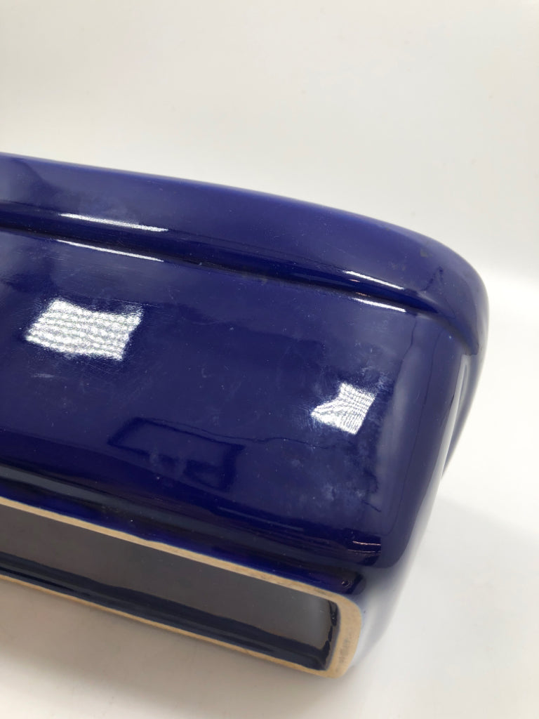 BLUE GLAZED CERAMIC LOAF DISH.