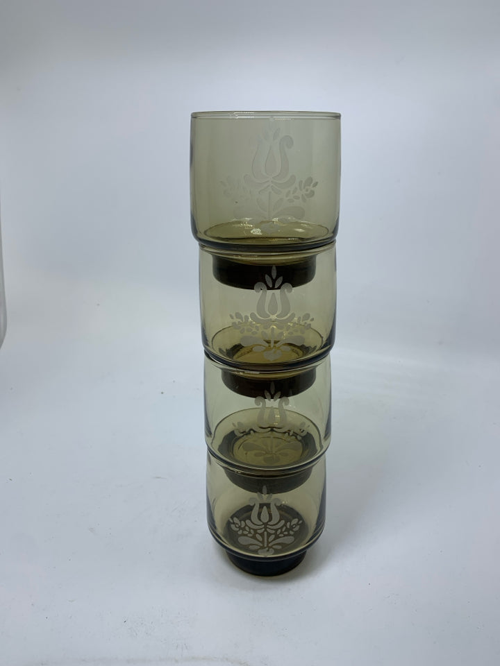 4 SHORT "VILLAGE" STACKING SMOKEY BROWN GLASSES.