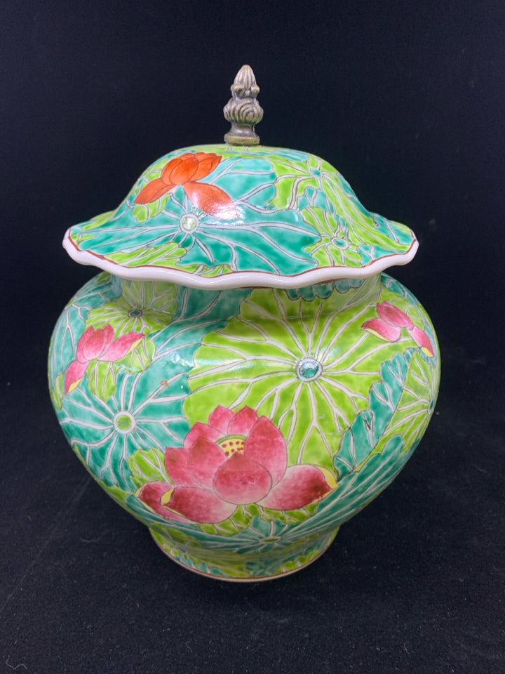FLORAL PAINTED CERAMIC URN.