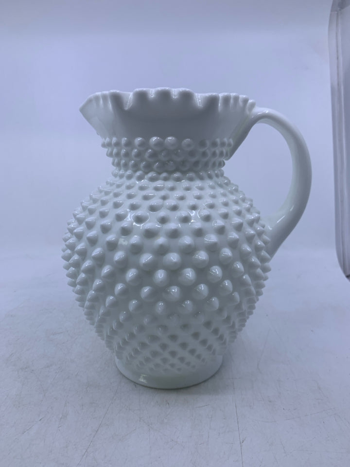 VTG MILK GLASS HOBNAIL CRIMPED EDGE PITCHER.