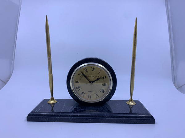 REFLECTIONS GRAY MARBLE CLOCK W/ 2 GOLDEN PENS.