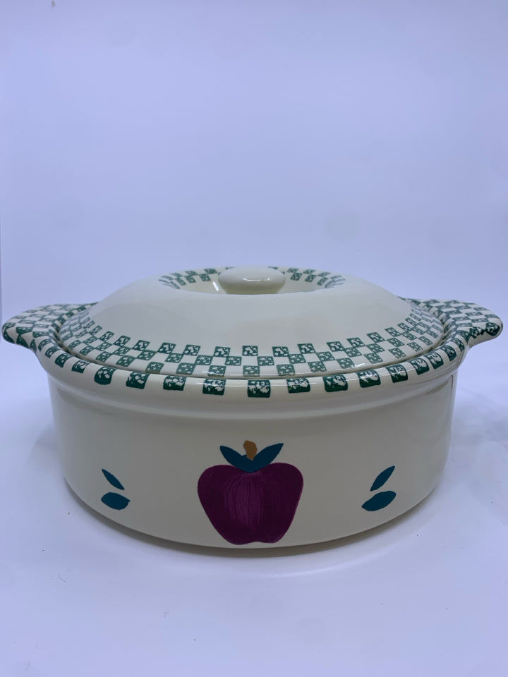 VTG ROUND APPLE CASSEROLE DISH W LID IN BLACK METAL STAND.