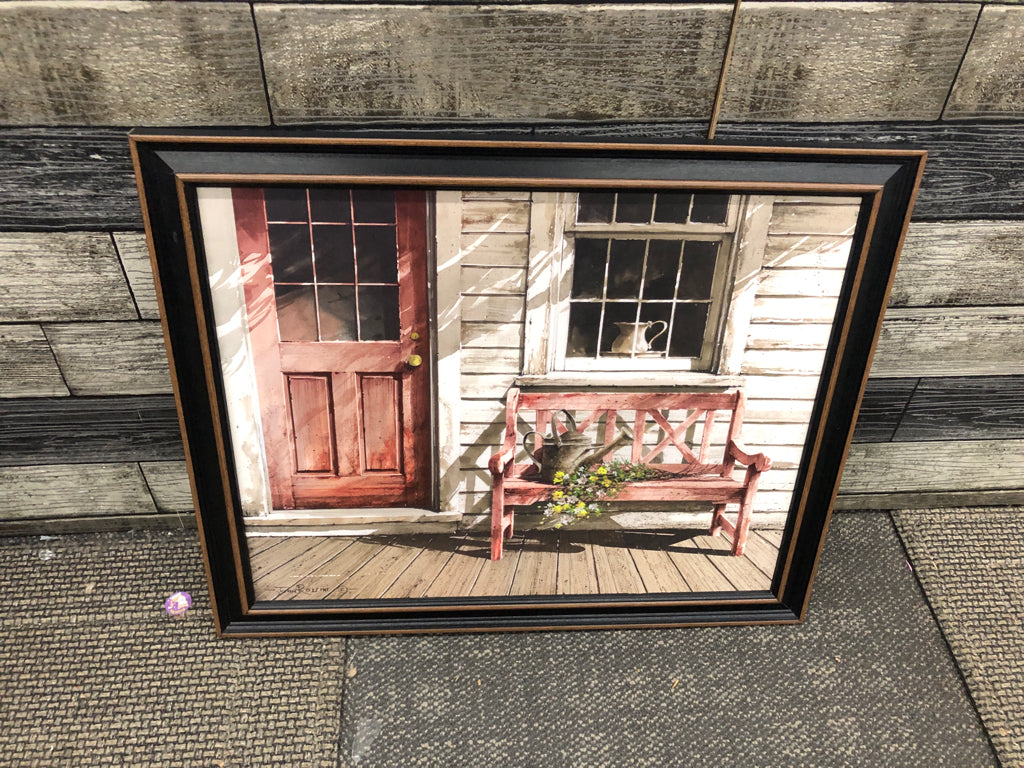 PORCH SCENE W/ RED BENCH+DOOR FRAMED PRINT.