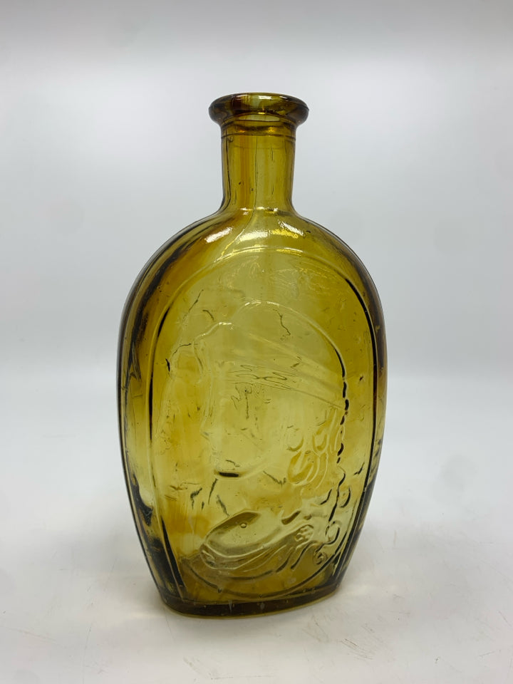VTG PATRIOTIC AMBER GLASS BOTTLE.