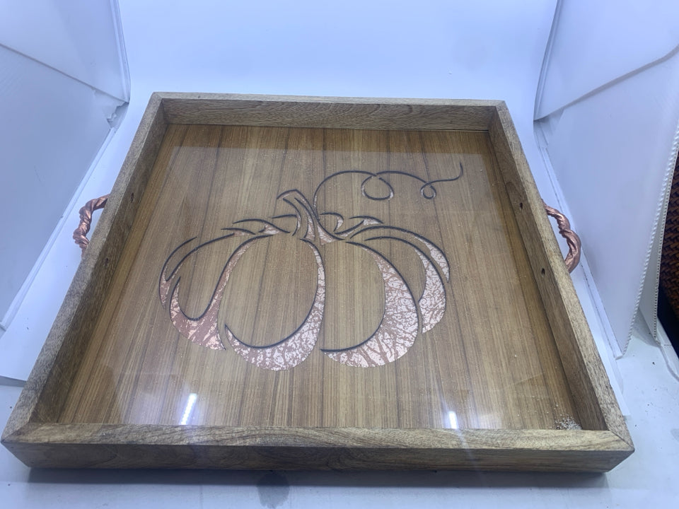 PUMPKIN WOODEN TRAY W/GLASS BOTTOM GOLD HANDLES.