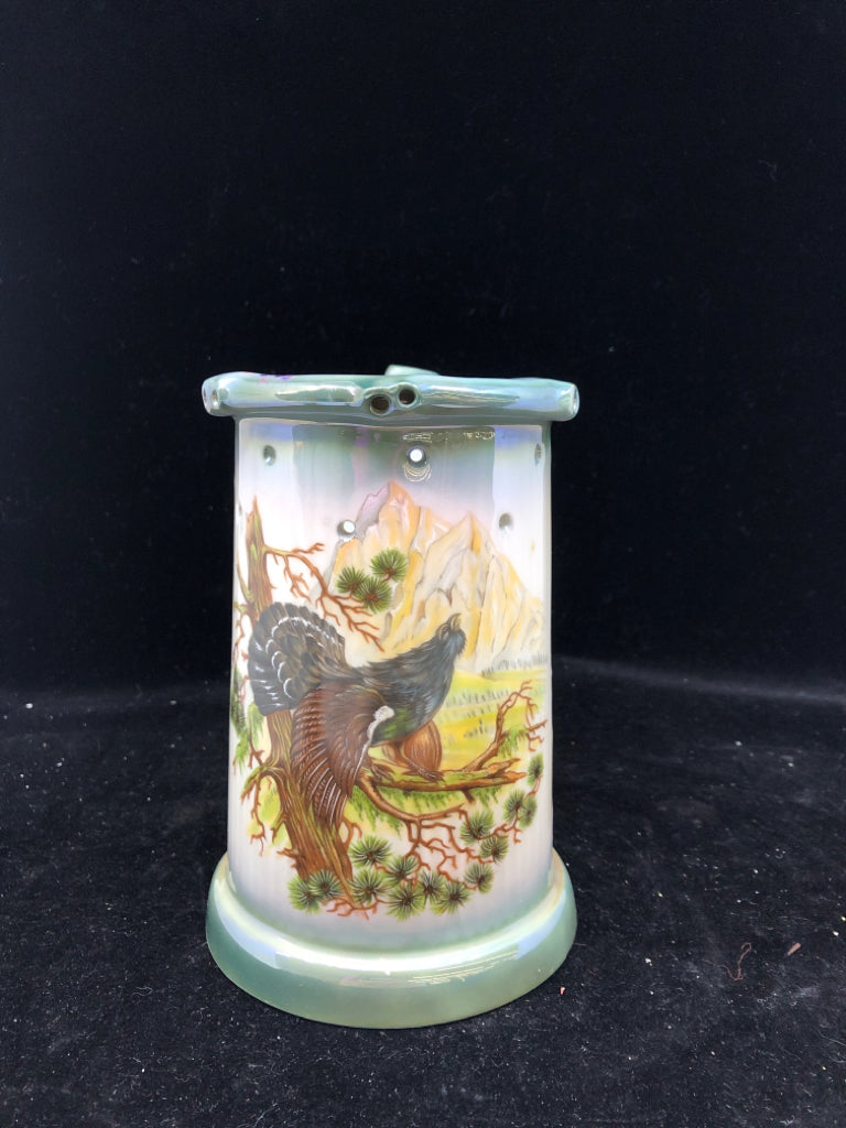 VTG WHITE/GREEN CERAMIC STEIN WITH BLACK BIRD.