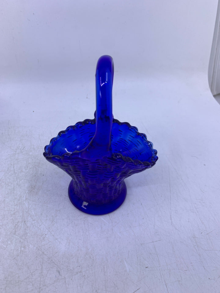 SMALL COBALT BLUE GLASS BASKET.