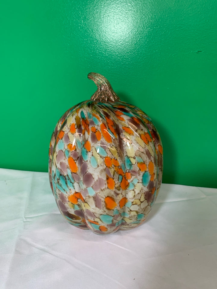 COLORFUL DOTS BLOWN GLASS PUMPKIN W/GLITTER GOLD STEM.