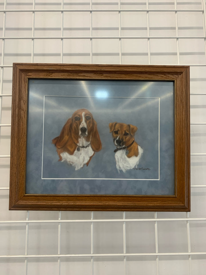 DOG PORTRAITS IN WOOD FRAME.