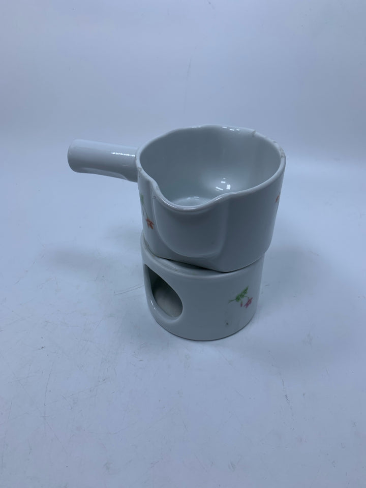 2 PC TEA LIGHT WARM W/ HEATING SAUCE POT FLORAL DETAILS.
