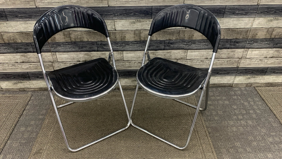 2 ITALIAN BLACK & METAL FOLDING CHAIRS.