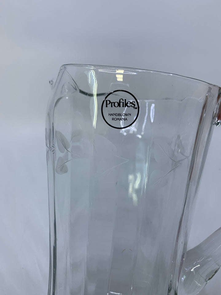 CLEAR RIBBED GLASS PITCHER W/ ICELIP & LEAF ETCHING.