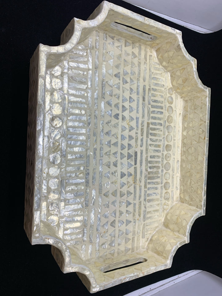 CREAM MOSAIC TRAY W/SCALLOPED CORNERS & HANDLES.