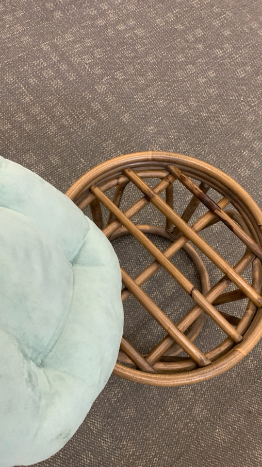 BOHO-STYLE WOODEN STOOL W/BLUE CUSHION.