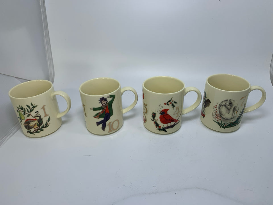 NIB LENOX TWELVE DAYS OF CHRISTMAS 4 PC MUG SET.