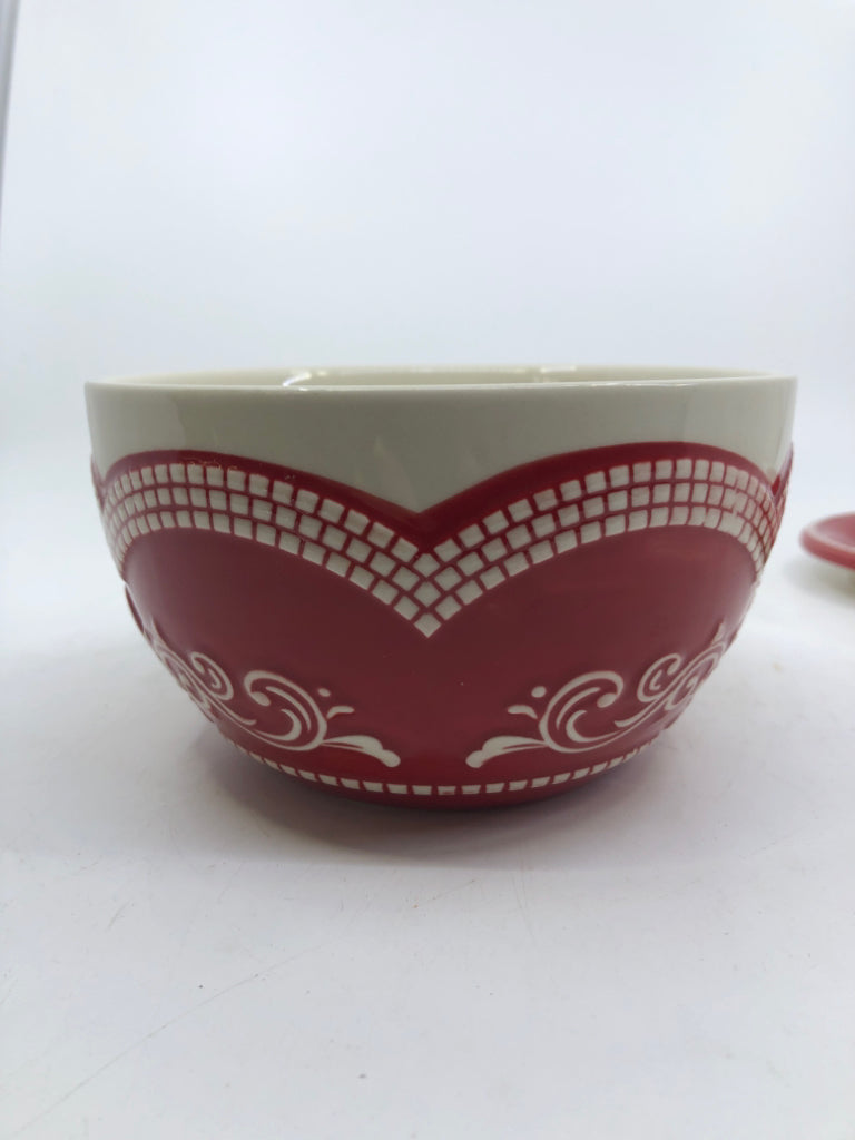 2 PC RED/CREAM COFFEE MUG AND SAUCER ROOSTER.