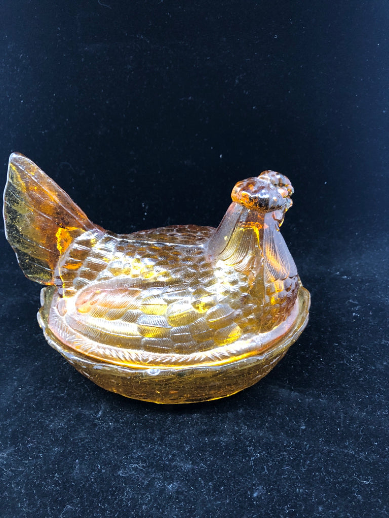 VTG AMBER GLASS ROOSTER IN BASKET CANDY DISH.