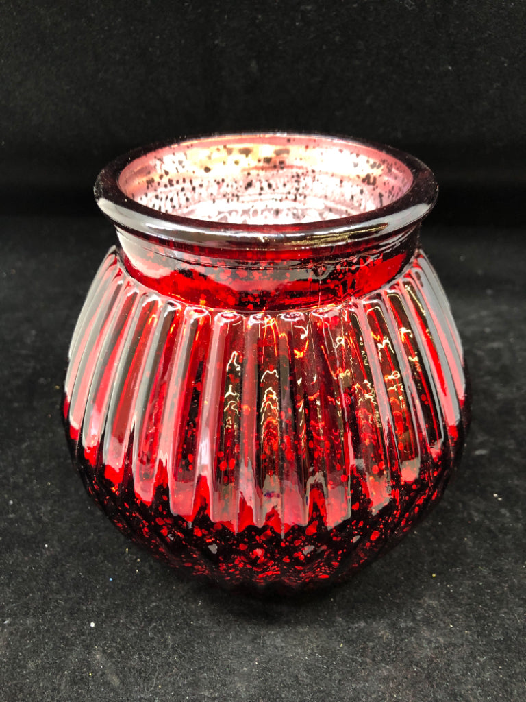 RED MERCURY GLASS CANDLE HOLDER.