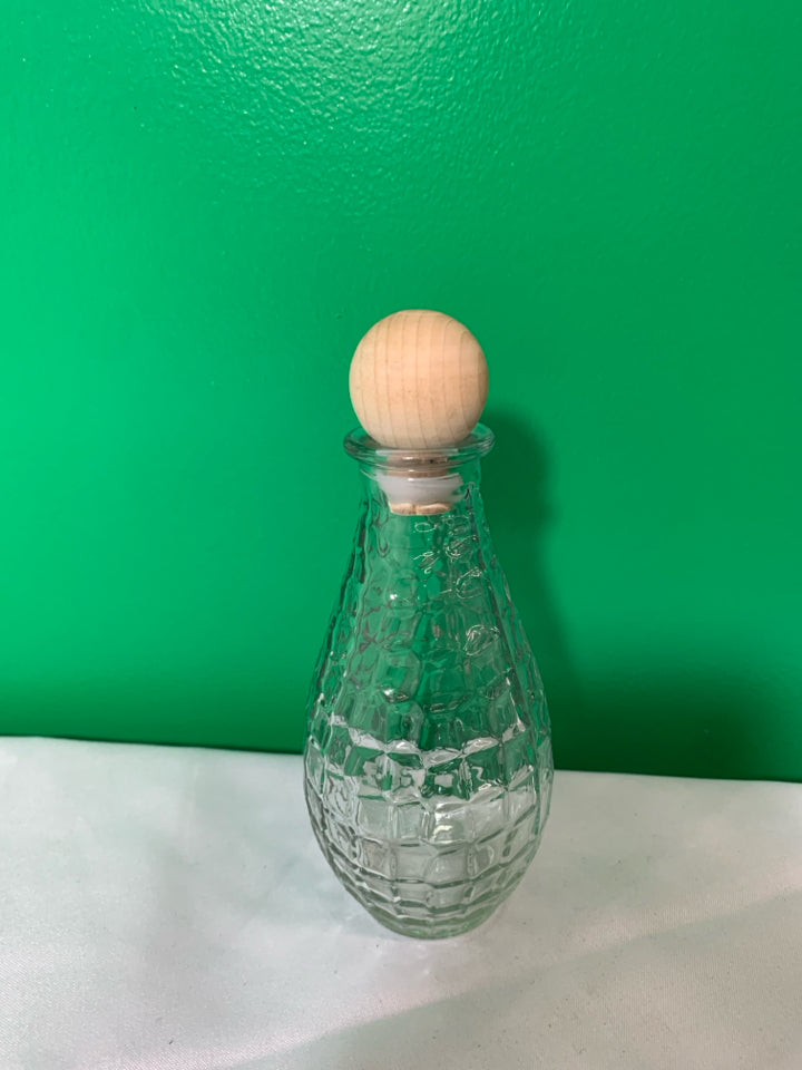 TEXTURED GLASS EMPTY BOTTLE W WOOD TOP.