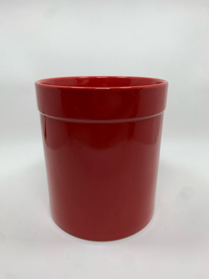 RED CERAMIC UTENSIL CROCK.