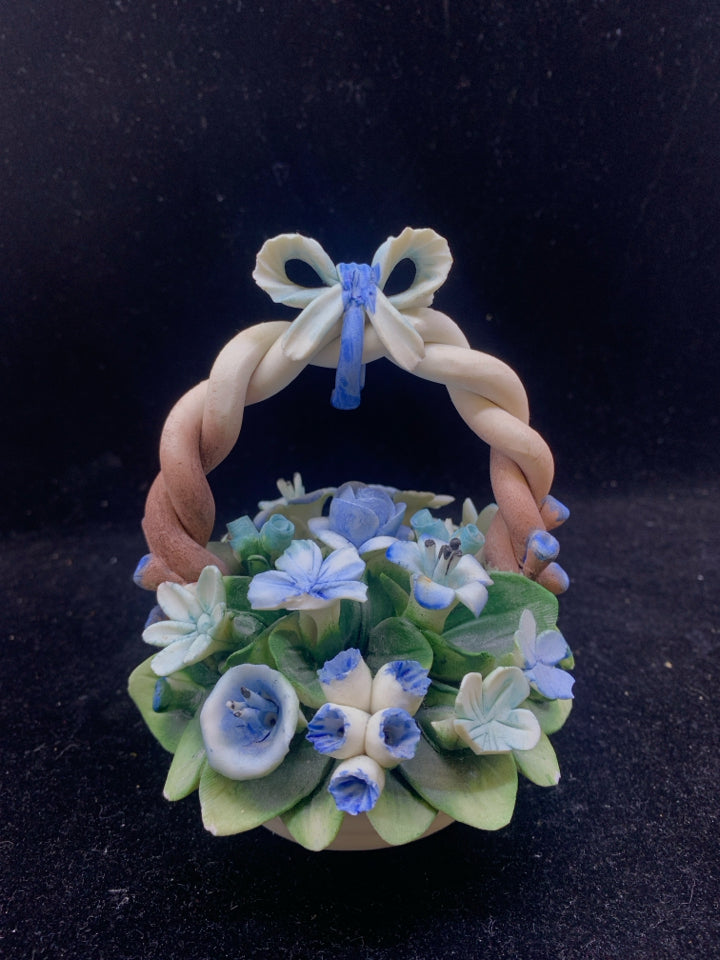 VTG BLUE EMBOSSED FLORAL BASKET.