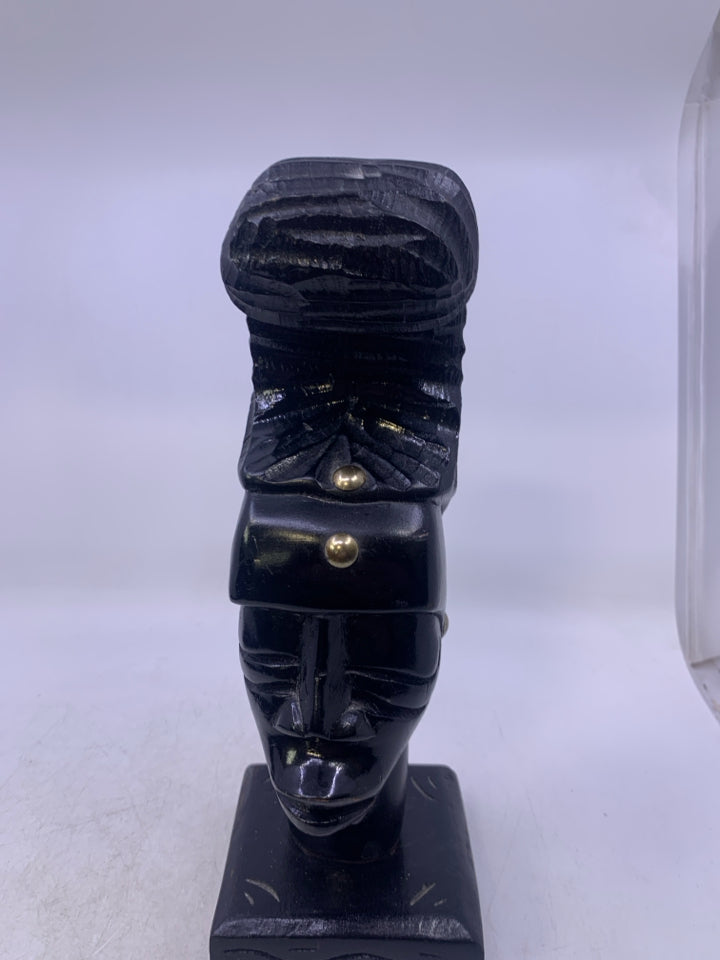 LARGE BLACK CARVED WOOD HEAD W/ METAL EARRINGS FOLK ART.