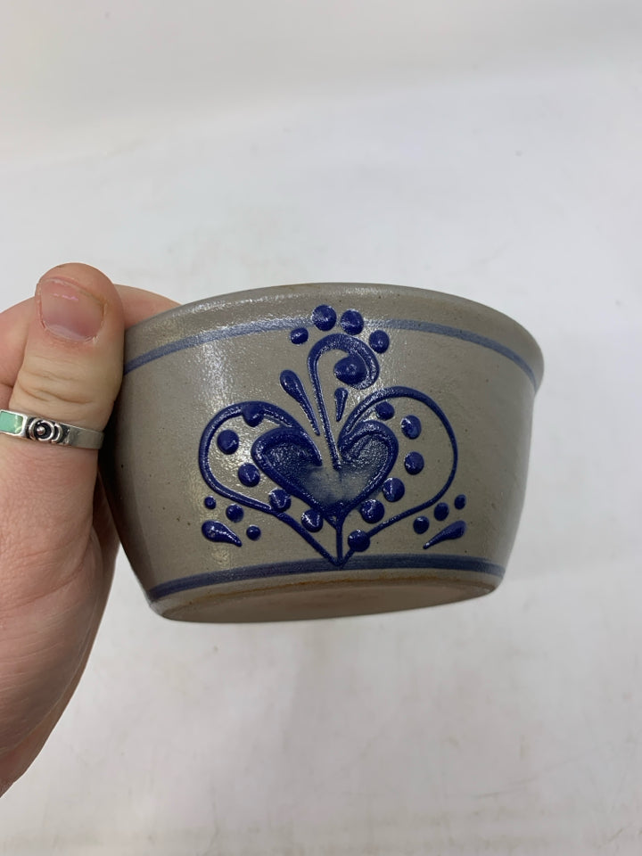 SMALL CROCK W/ BLUE EMBOSSED HEART.