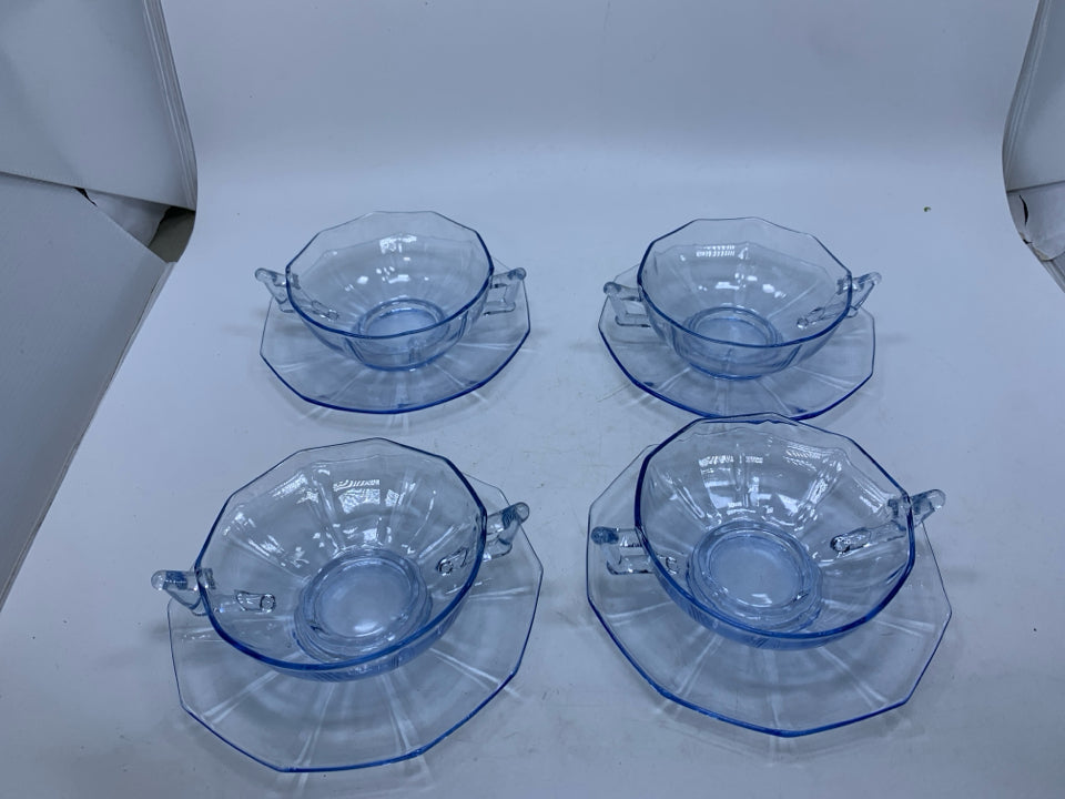 VTG 8PC SVC 4 MOON LIGHT BLUE DOUBLE HANDLED CUP W/ SAUCER CAMBRIDGE GLASS.