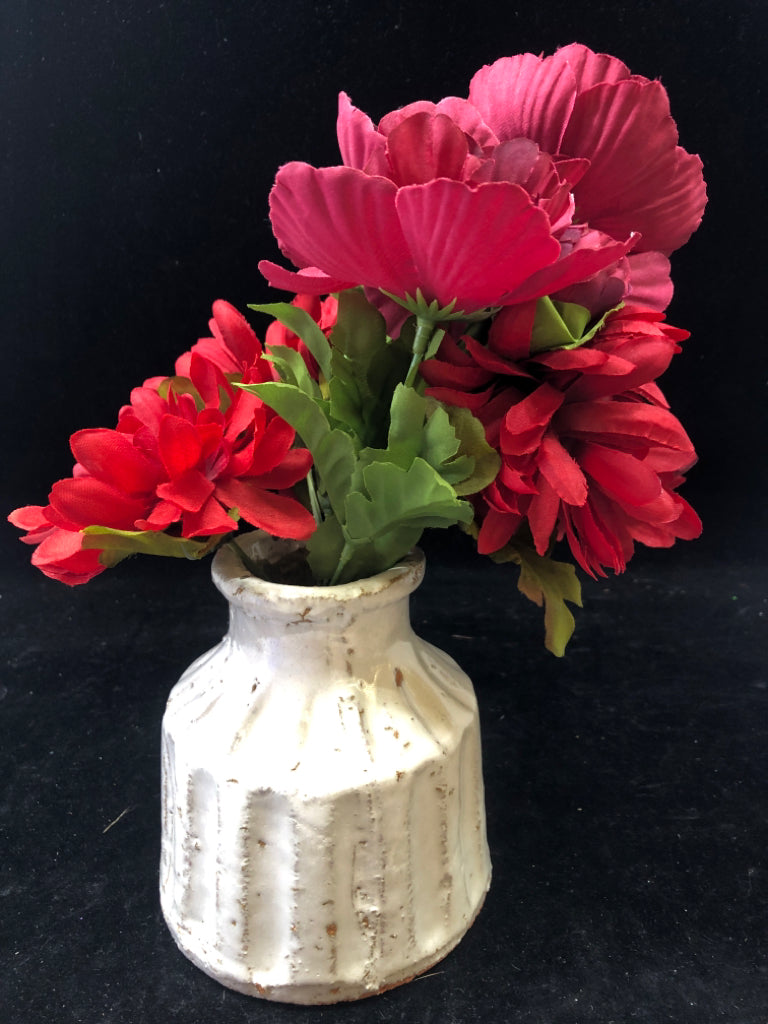 HEAVY WHITE RIBBED POTTERY PLANTER W/ SMALL RED FLOWERS.