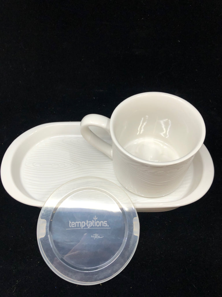 2PC WHITE CERAMIC SOUP & SANDWICH PLATTER W/LID TEMPATIONS.