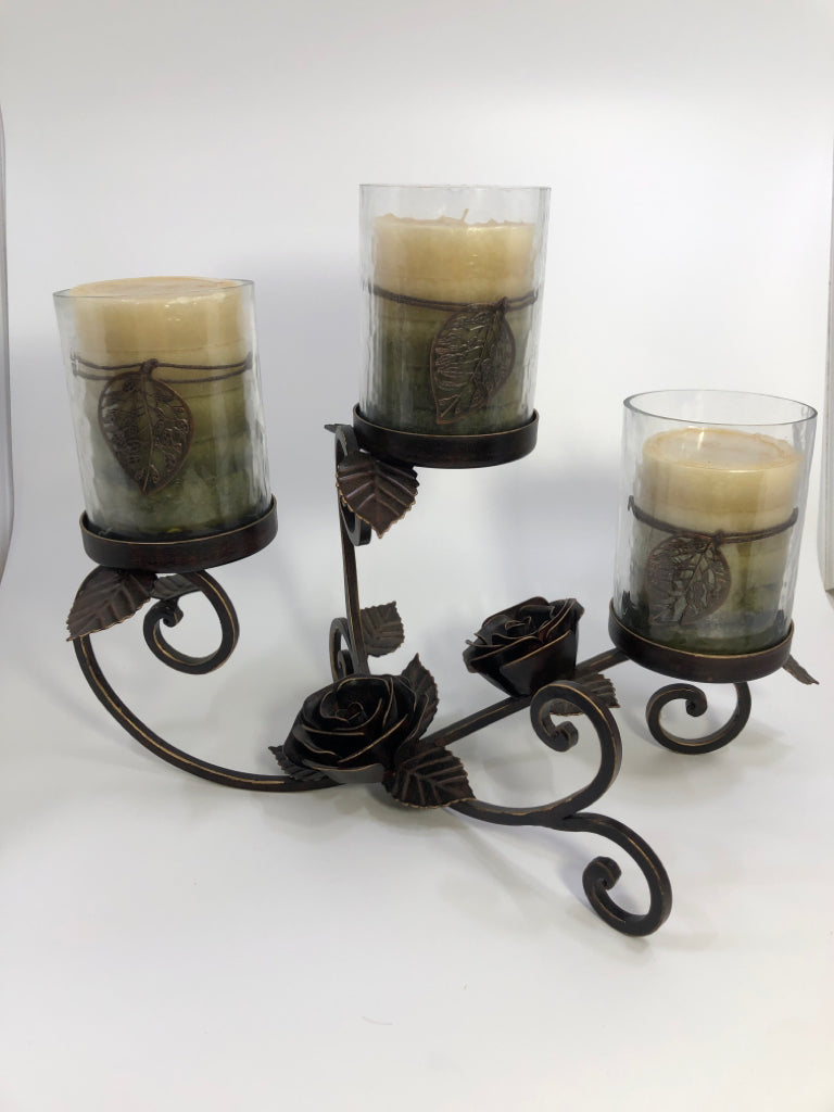 BROWN ROSE METAL 3 GLASS PILLAR CANDLE HOLDER W/3 CANDLES.