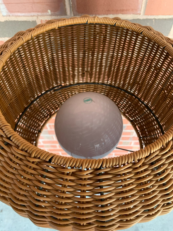 TALL BROWN WICKER BASKET WEAVE FLOOR LAMP.