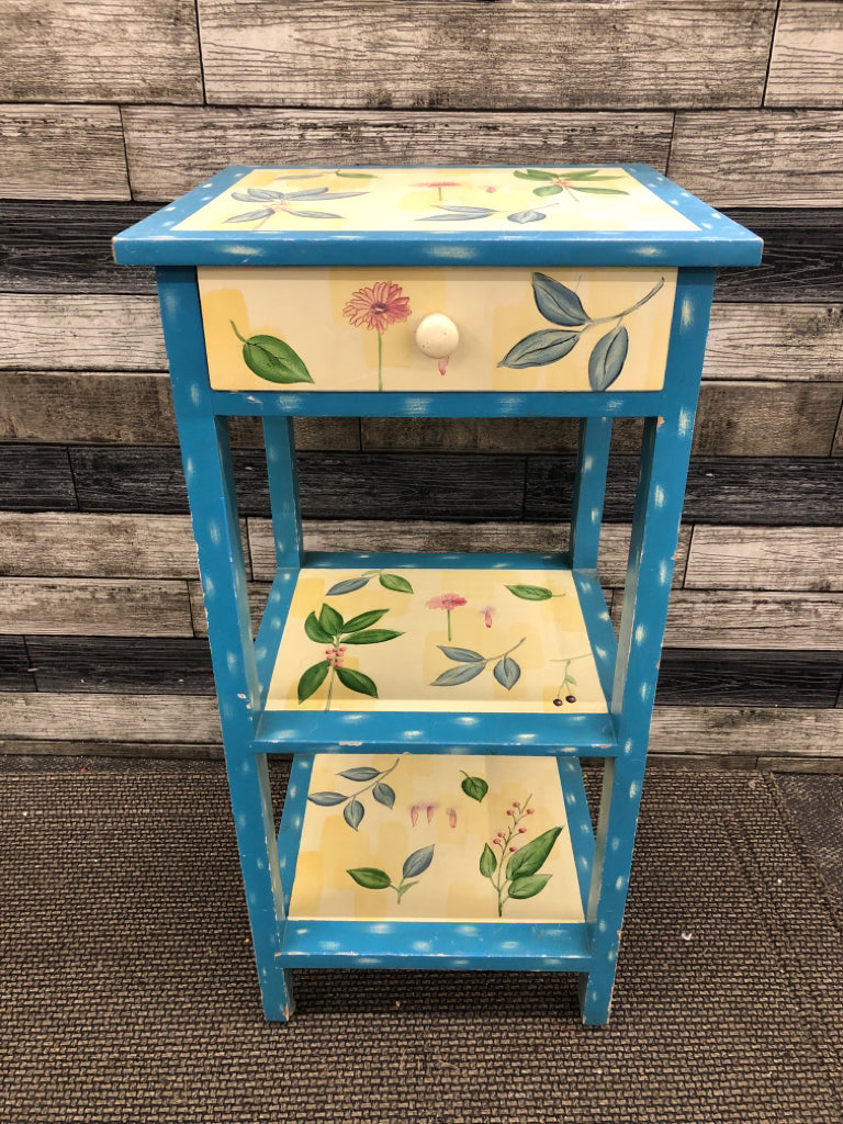 BLUE/WHITE FLORAL ONE DRAWER STAND.