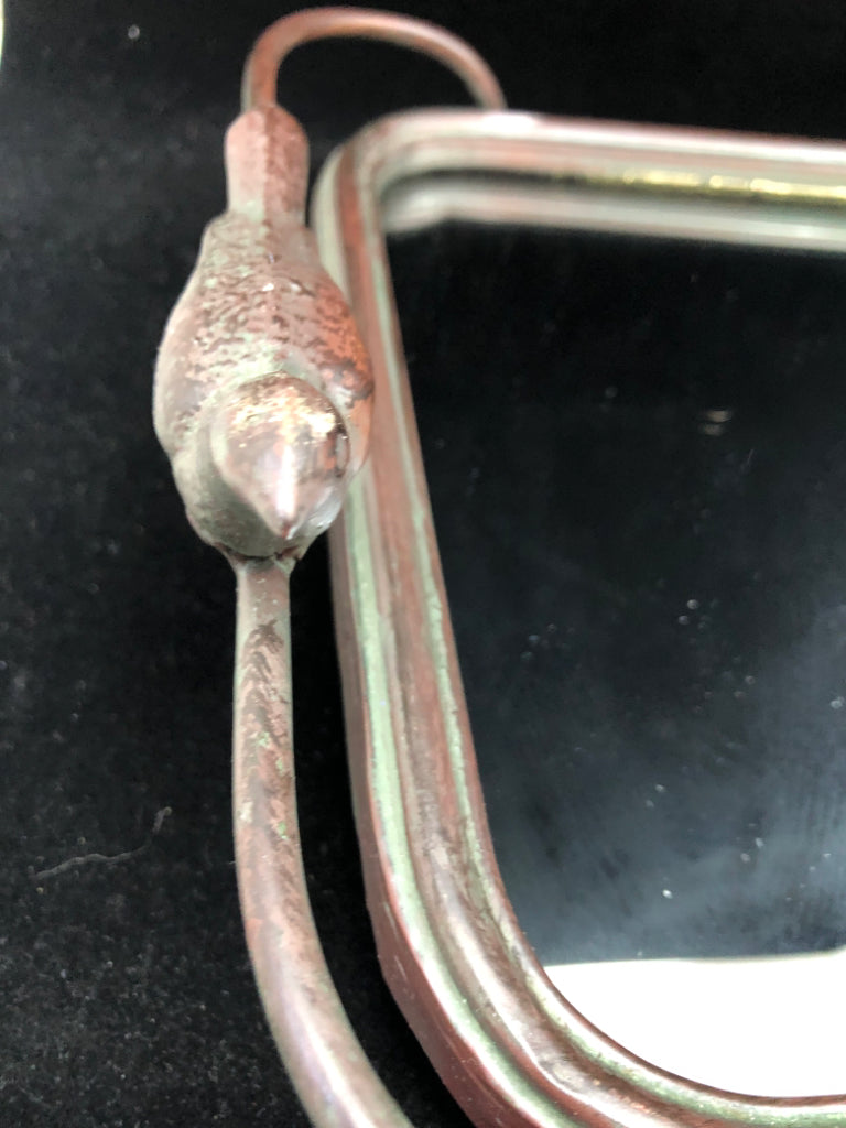 BROWN METAL MIRRORED TRAY BIRD HANDLES.