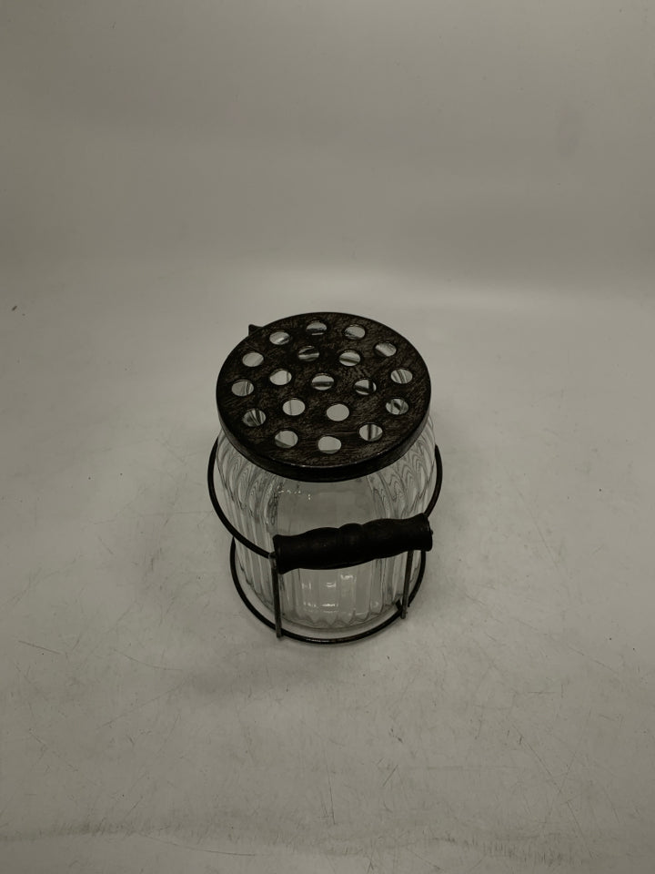 RIBBED GLASS FLOWER FROG W/ METAL TOP/STAND.
