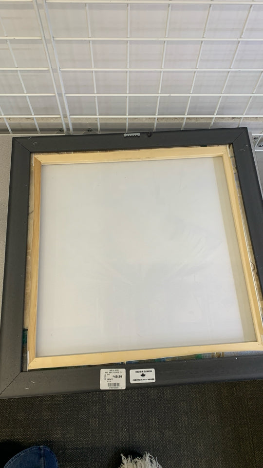 BROWN TEAL ABSTRACT CANVAS IN BLACK WOOD FRAME.