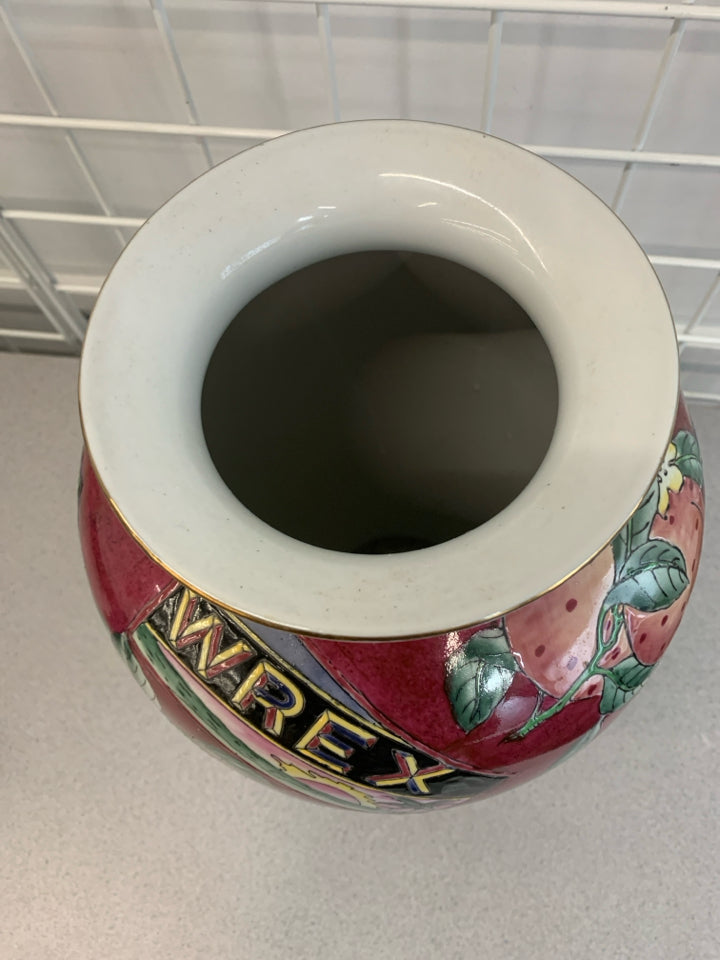 RED ROOSTER VASE W/FRUITS.