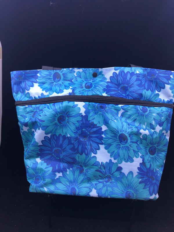 FOLDING EXPANDABLE BLUE/GREEN FLOWERS TOTE BAG ON WHEELS