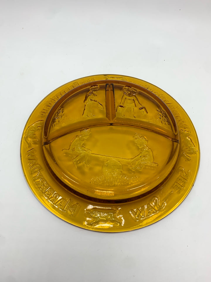 VTG AMBER GLASS DIVIDED MARGERY DAW PLATE.