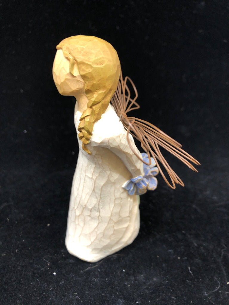 GIRL HOLDING BLUE FLOWERS BEHIND BACK THANK YOU.