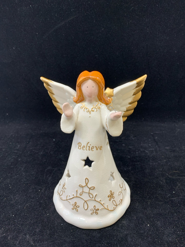 "BELIEVE" GOLD AND WHITE RED HAIRED ANGEL TEA LIGHT HOLDER.