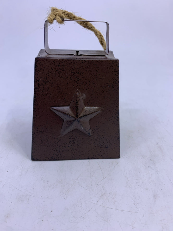 BROWN METAL BELL W/ STAR ORNAMENT.