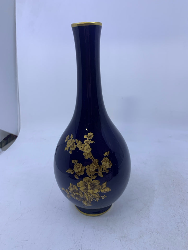 COBALT BLUE VASE W/ GOLD DETAILED BIRD SKINNY NECK.