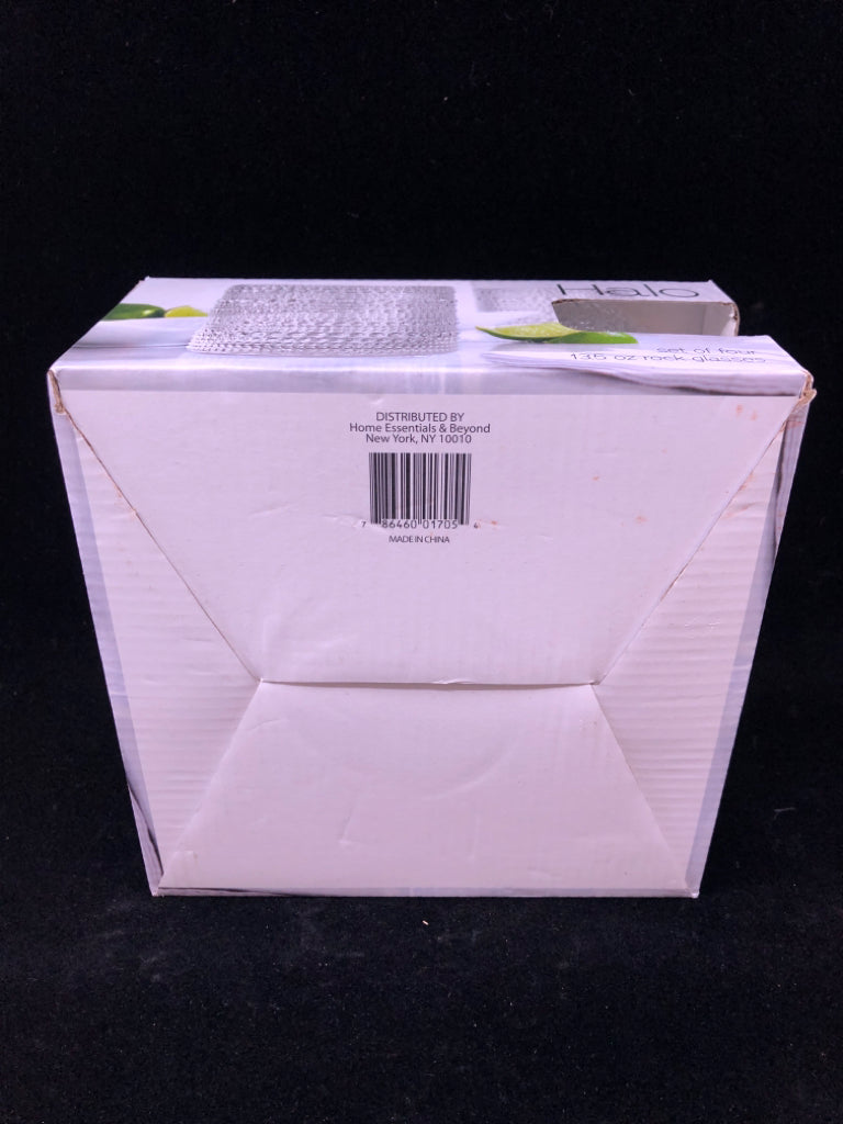 4 NIB HALO CRYSTAL ROCK GLASSES.