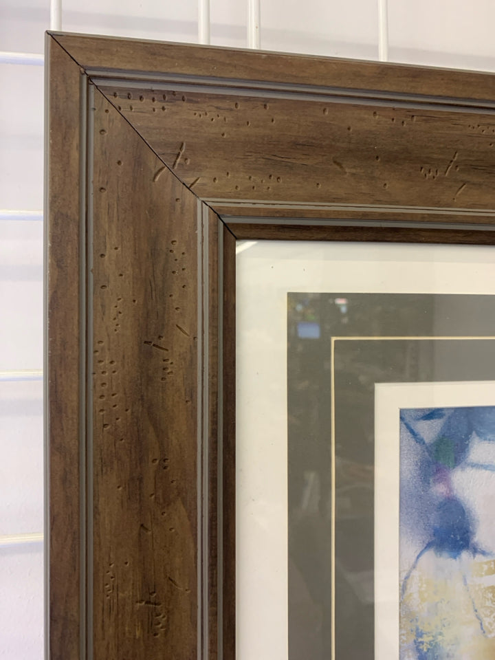 BROWN WOOD FRAME ETCHED DESIGN GUILDED FOREST WALL ART.