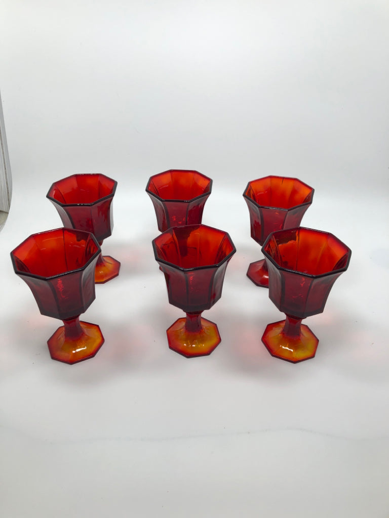 6 VTG INDEPENDENCE GLASS RUBY RED WINE GLASSES.