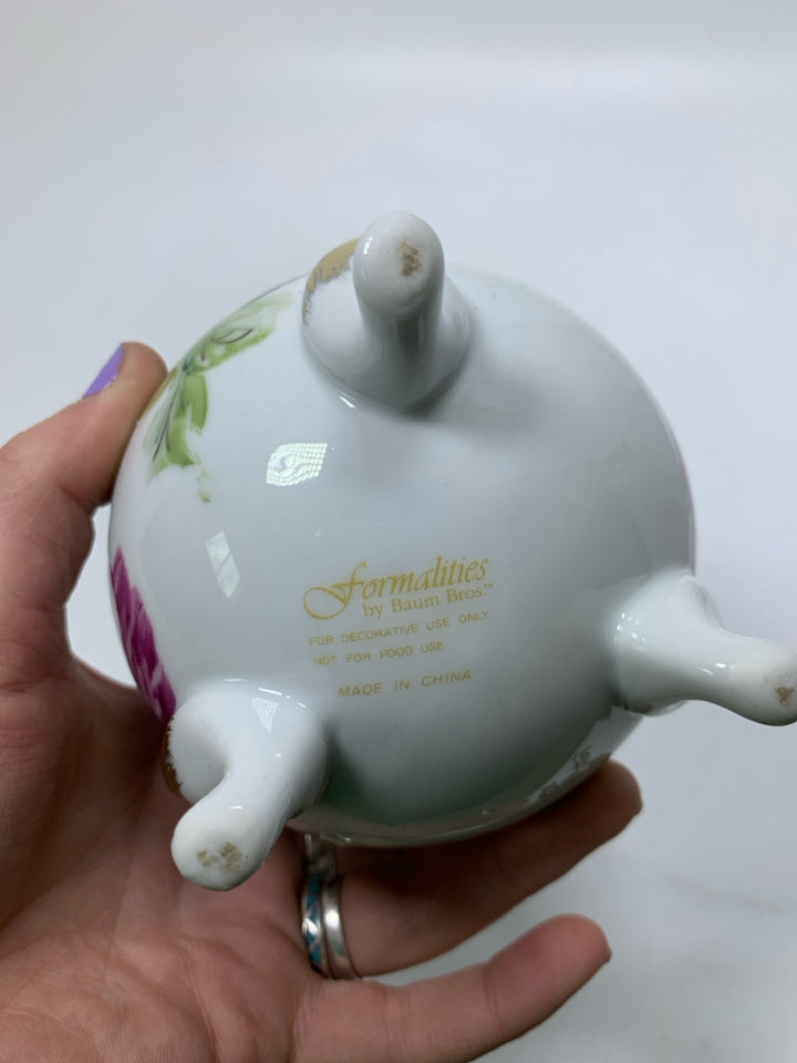 PINK FLORAL FOOTED EGG SHAPED VASE UNEVEN EDGE.