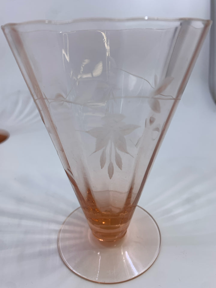 4 VTG PINK DEPRESSION GLASS FOOTED TUMBLER W/ETCHED FLOWER DESIGN.